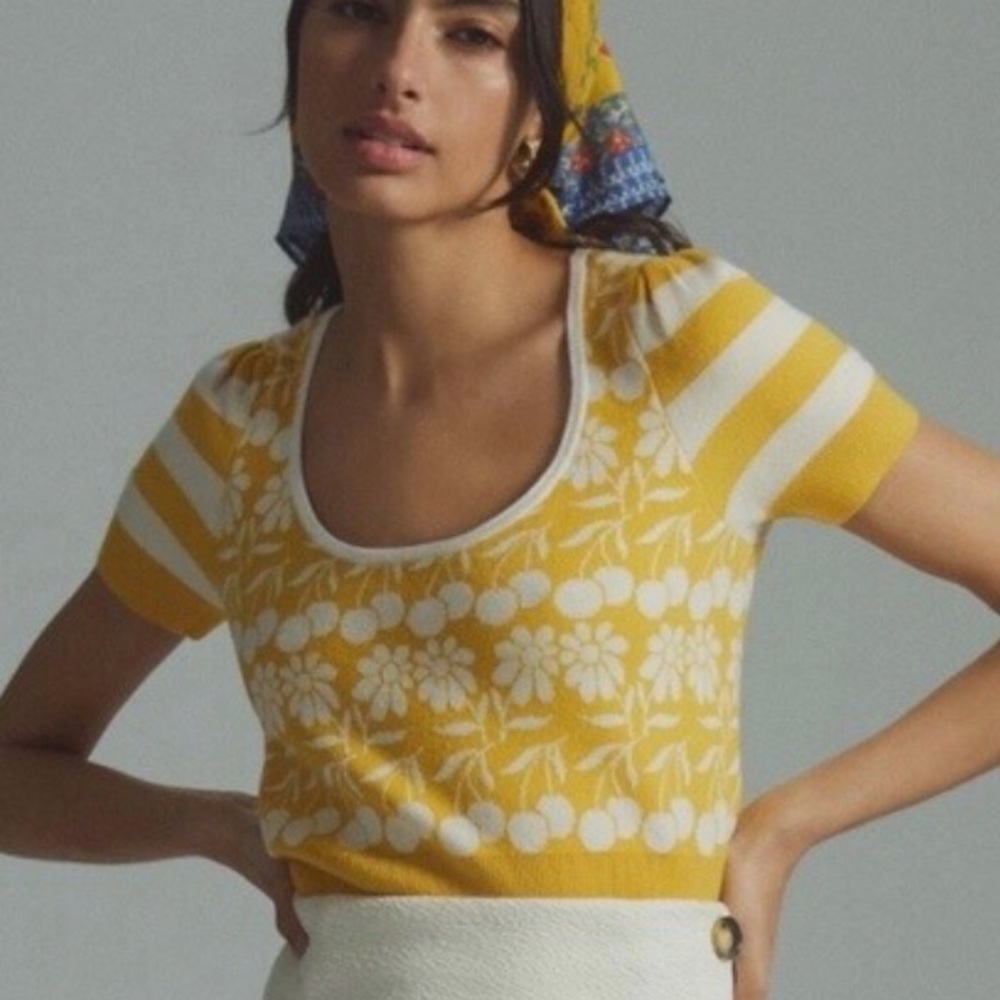 Yellow Floral Knit Scoop Neck Top